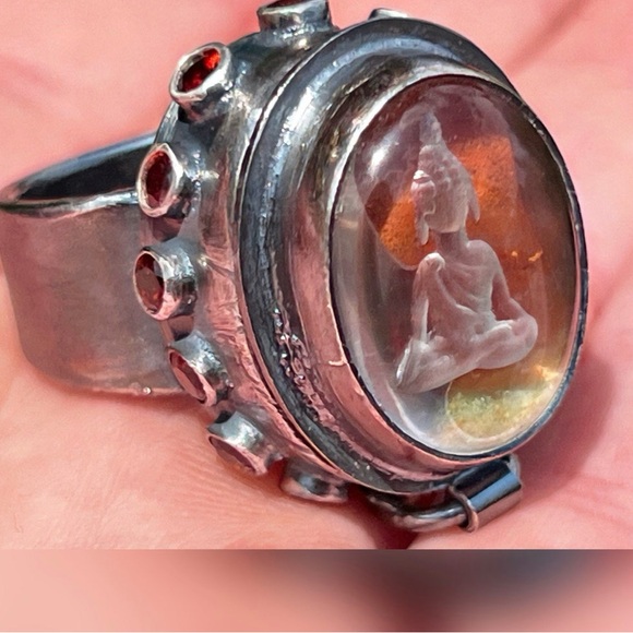 one of a kind treasure box (poison) ring. Sterling garnet jasper carved Buddha - Picture 7 of 14